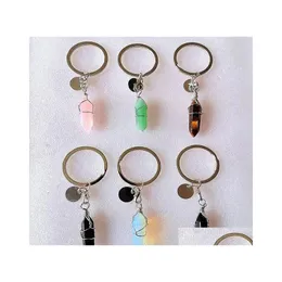 Klapety smyczy druciane sześciokąt pryzmat reiki leczenie naturalny kamień czakra ametyst różowy kryształowy kryształ pierścionki Keyrings Women Dhdru