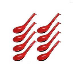 Dinnerware Sets 8 Pieces Rice Spoons Chinese Won Ton Soup Spoon Asian Plain Style Spoons- Red And Black