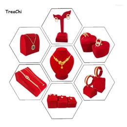 Jewelry Pouches Red Velvet Display Counter Showcase Wedding Festival Ring Necklace Bracelet Organizer Storage Holder Stand