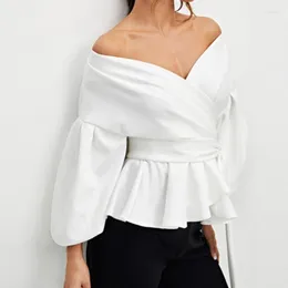 Damblusar Dam Vintage Lantern Sleeve Skjortor Sexiga Off Shoulder Wrap V-ringad Enfärgad Blus Knyt midja Rosett Volang fåll Casual