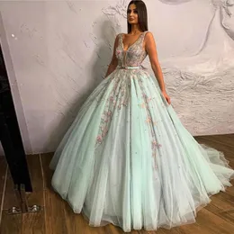 Casual Dresses Vestido de Mujer Elegant Mint Green Tulle Ball Glows for Bridal Floral Lace Crystal Women to Formal Party