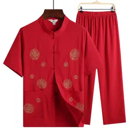 Herren-Trainingsanzüge, Neuheit, Herren-Tang-Anzug, Kurzarm, chinesischer Stil, Kleidung, Baumwolle, traditionelle Vintage-Stickerei, Knopfkostüm-Sets, Herren-MMe