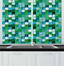 カーテンブルーシーグリーンエメラルドキッチンカーテン幾何学モザイクスクエアソフトアクチック配色チェッカータイルパターン