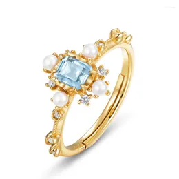 Cluster Rings Luxury Natural Blue Topaz Stone 925 Sterling Silver For Women Geometric Pearl CZ Zircon Resizable Ring Wedding Jewelrry