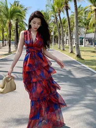 Lässige Kleider Zhiya gleicher Stil Cascading Rüschen Sommer Maxi Kleider ärmellosen gegen Halskörper Druckschichten Rückenless Strand Boho