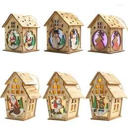 Decorações de Natal 6pcs Diy Wooden House Tree Decoration LED Light penduring ornamentos do ano para crianças