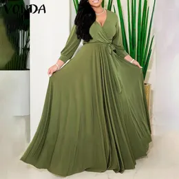 Casual Dresses Women Dress Autumn Solid V Neck Pleated Vonda 2023 Spring Long Sleeve Baggy Maxi Vestidos Femme