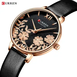 Curren Leather Women Watches 2019美しいユニークなデザインダイヤルQuartz腕時計時計の女性ファッションドレスウォッチモントレフェム262n