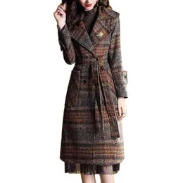 Wełna damska mieszanka kobiet Temperament Fashion Knee swobodna luźna wełniana kurtka Kobieta jesienna zimowa kratona płaszcz średniej długości A951W