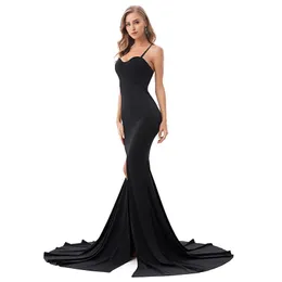 Lässige Kleider Sexy Split Bodenlang Enges Paket Hüften Maxikleid V-Ausschnitt Rückenfrei Meerjungfrau Gepolstertes Stretch Rot Schwarz PartykleidLässig