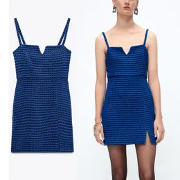 Повседневные платья синие текстурированные короткие платья Женщины Рукока