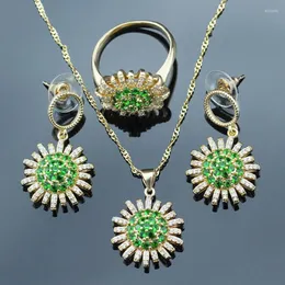 Halskette Ohrringe Set grün Brautschmuck Champagner Gold Farbe für Frauen mit Ringen Anhänger Hochzeit