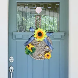 Decorative Flowers & Wreaths Bee Sunflower Wreath Ornament Spring Door Hangings Round Wall Window Welcome Sign Artificial Flower WindowDecor