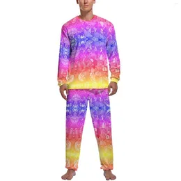 Abbigliamento da uomo da sonno luminoso doodle pajamas inverno 2 pezzi arcobaleno stampato kawaii set uomo maniche lunghe modelli casual
