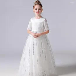 Abiti da ragazza Elegante abito da damigella d'onore junior in tulle per la prima comunione Abito da spettacolo per feste di compleanno da principessa per bambini scintillante bianco