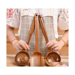 Cucchiai Ramen in legno Zuppa Cucina giapponese Spata Legno di teak Frittura di riso Condimento Padella antiaderente Consegna a goccia Giardino di casa Sala da pranzo Bar Piatto Dhiuh