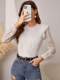 Women's Blouses & Shirts Simplee Elegant Ruffle Lace Patchwork O-neck Long Sleeves Women Blouse Office Lady White Autumn Casual Solid Female