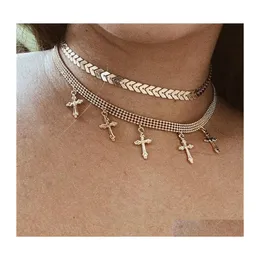 Chokers Vintage Gothic Cross Naszyjnik dla kobiet mtilayered złoty kolor metal metalowy Choker damski łańcuch szyi biżuteria 3528 Q2 Dro dhzkh