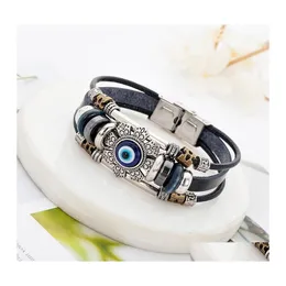 Link Chain Punk Turkish Evil Eye Stainless Steel Bend Mtilayer Leather Bracelet Man Woman Charm Flower Jewelry Bangle Bijouterie Dr Dhfjh