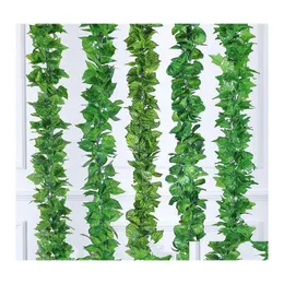 Decorative Flowers Wreaths Leaves 2M Artificial Green Grape Leaf Other Boston Ivy Vines Decorated Fake Flower Cane Wholesale Hh08 Dhnc4