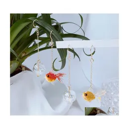 Dangle Chandelier Cute Fish Asymmetrical Earring For Women Unique Goldfish Pendant Long Fashion Koi Design Jewelry Wholesaledangle Dhamb