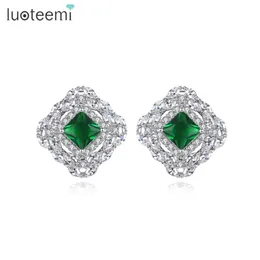 Stud Earrings Allakalo For Women Girls Green Stone Cubic Zircon Crystal Fashion Jewellery Dating Party Christmas Gift Brincos