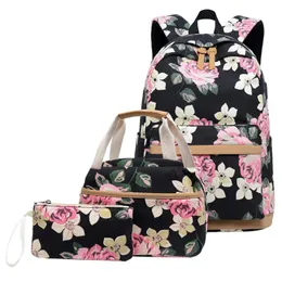 Outdoor Bags Casual Black Pink Floral Zipper School Backpack Cute Daypack Bookbag Lunch Bag Purse 3 Piece Set Teenager /E