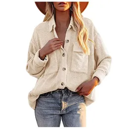 Kvinnorjackor Kvinnor Solid Color Pocket Top Shirt Corduroy Jacket Lång ärmknapp ner Casual Collared Tops Morrow Jacket Women's