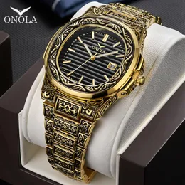 Marka Onola Vintage Golden Watch Male 2019 Fashion Cusual Quartz Brance Watch Day Date Gold Luxury Classic Designer Man Watch272U