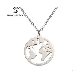 Pendant Necklaces Stainless Steel World Map Necklace Wanderlust Geometric Round Pendants Personalized Fashion Outdoor Jewelry Earth Dhcxd