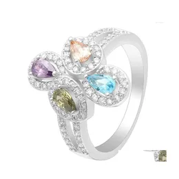 Wedding Rings Sier Plated Band Gift For Women Cross Bridal Engagement Ring Flower Spring Imitation Yellow Purple Cz Drop Delivery Jew Dhrd1