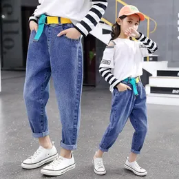 Jeans Mädchen Denim Hosen Kinder Gürtel 4-14 Jahre Alt Koreanische Mode Hohe Taille Vintage Mädchen Harem Hosen für Teenager
