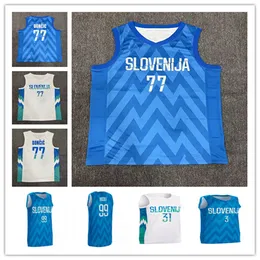 Hot Printed 2022 EuroBasket Slovenien Baskettröjor 77 Luka Doncic 3 Goran Dragic 10 Mike Tobey 11 Jaka Blazic 30 Zoran Dragic 8 Edo Muric Blå Vit