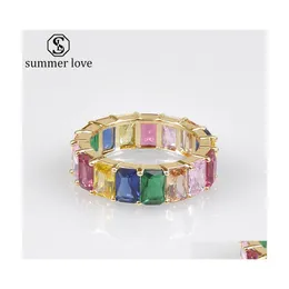 حلقات الفرقة Boho Rainbow Zircon Zircon Ring Fashion Colorf Baguette مشاركة الزفاف الأبدية للنساء Valentines Day Giftz Drop Dhwob