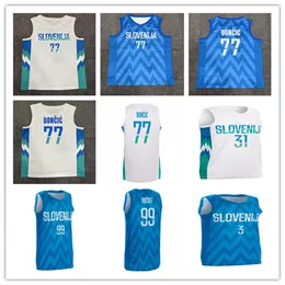 Printed Men 2022 EuroBasket Slovenia Luka Doncic Basketball Jerseys 3 Goran Dragic 10 Mike Tobey 11 Jaka Blazic 30 Zoran Dragic 8 Edo Muric Blue White Alternate