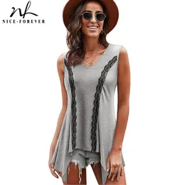 Women's T-skjortor Nice-forever Summer Women Fashion Lace Patchwork Casual Loose Tees Tops B385