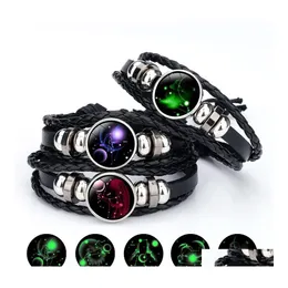 Charm Bracelets 12 Zodiac Glow In The Dark Sign For Women Men 18Mm Ginger Snap Button Constellation Leather Rope Bangle Fashion Drop Otomh