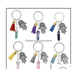 키 고리 보석 Hamsa hamsa hand fatima keychain tassel 6 각형 프리즘 차크라 자연 스톤 사악한 눈 결정 펜던트 매력 키 링 cha dhnpn