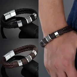 Charm armband mode punk manlig äkta läder armband för män svart flätad rep metall magnetisk lås armband man make juvelrycharm