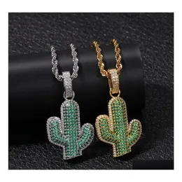 Pendant Necklaces Hip Hop Solid Cactus For Mens Cz Bling Iced Out Desert Plant Gold Sier Twisted Rope Chain Women Hiphop Jewelry Dro Otasm