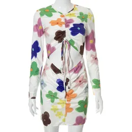 カジュアルドレス2023女性用ドレス印刷されたドローストリングカットアウト丸い首長いスリーブセクシーなビーチホリデーパーティー服