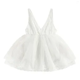 Vestidos de menina 0-24m Vestido de bebê nascido Roda de malha de bainha mangas de renda de renda de cor sólida cor de decote em V