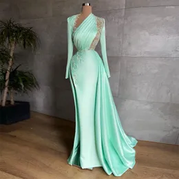 Festklänningar i Mint Green Elegant Mermaid Prom långa ärmar Applices High Split Women Formell kvällstävlingsklänningar Custom Made Made