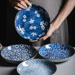 Pratos de prato de jantar de cerâmica de 8 polegadas pratos azuis e brancos de mesa floral de estilo japonês pratos de porcelana de porcelana