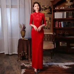 Ethnic Clothing Red 3/4 Sleeve Long Cheongsam Velvet Slim Mother Dress Elegant Traditional Evening Dresses Plus Size Qipao