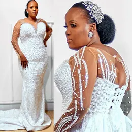 2023 Arabiska ASO EBI Luxurious Mermaid Wedding Dress Pearls Sequined Lace Satin Bridal Gowns Dresses ZJ609