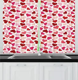 Curtain Vermilion Magenta Peach Romantic Kitchen Curtains Valentines Day Celebration Hearts Warm Tones Romance Design For Cafe