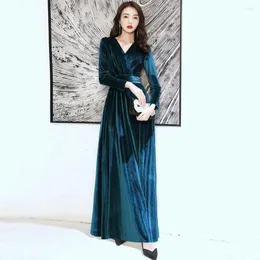 Ethnic Clothing Elegant V-Neck Slim Evening Party Dress Autumn Winter Velour A-Line Dresses Female Vintage Full Sleeve Banquet Gown