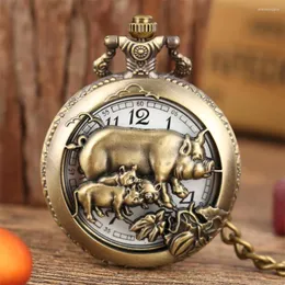 Zegarki kieszonkowe retro brązowy dwunastu zodiaków motyw kwarcowy zegarek dla mężczyzn 3d pusta świniowa fob da prezent drop chłopak