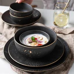 Plates European Phnom Penh Creative Ceramic Steak Plate Black Glaze Dessert Pasta Dish Soup Spoon Rice Bowl Household Kitchen Tableware